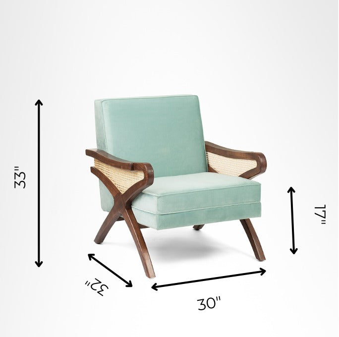 Amethyst Lounge Chair - W: 30’’ D: 32’’ H: 33’’ SH: 17’’ / Walnut and Blue / Acacia Wood Natural Cane and Upholstered