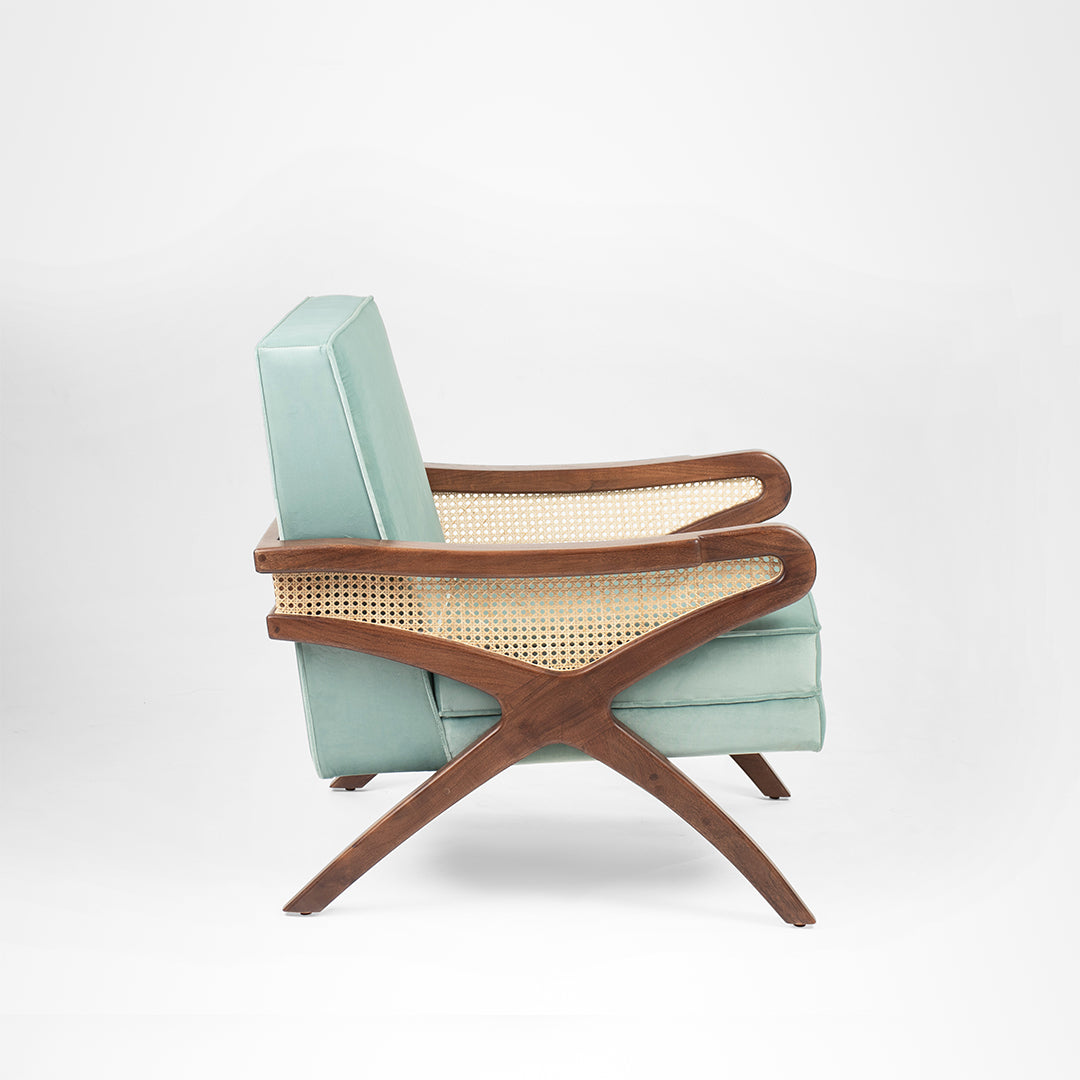 Amethyst Lounge Chair - W: 30’’ D: 32’’ H: 33’’ SH: 17’’ / Walnut and Blue / Acacia Wood Natural Cane and Upholstered