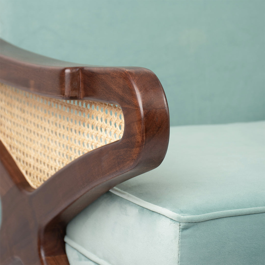 Amethyst Lounge Chair - W: 30’’ D: 32’’ H: 33’’ SH: 17’’ / Walnut and Blue / Acacia Wood Natural Cane and Upholstered