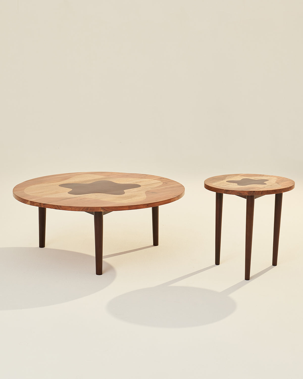 Amoeboid Table - Set of 2 - Natural / Accacia wood / Large: 102L X 102W X 41H and Small: 51L X 51W X 51 H In Cms
