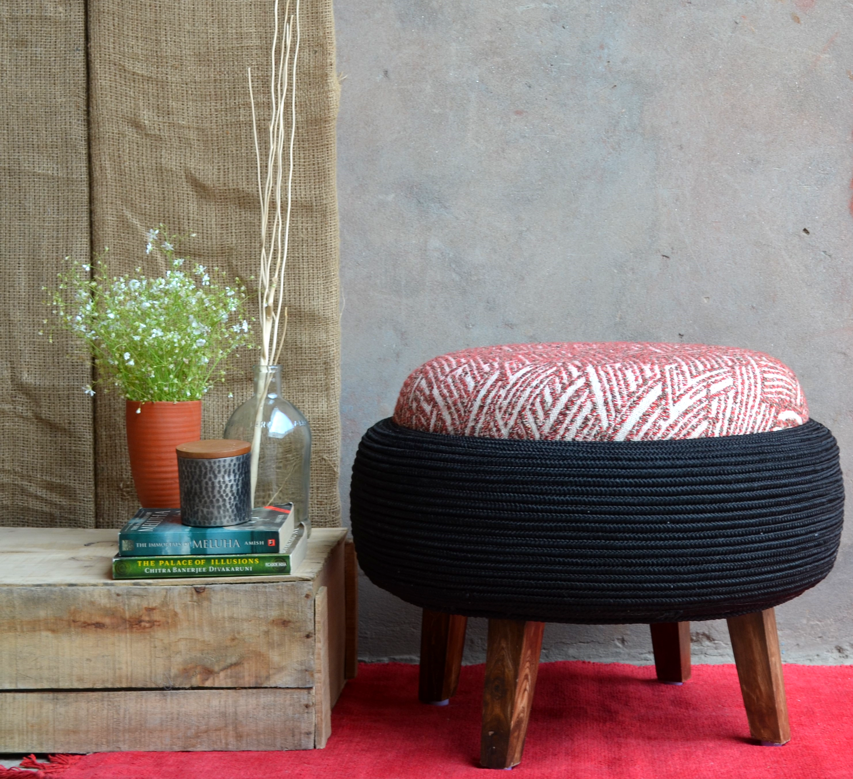 Amour Ottoman - Red / Black / Old tyre, teak wood, rope, and fabric / Dia: 23’’ H: 17.5’’ - Furniture