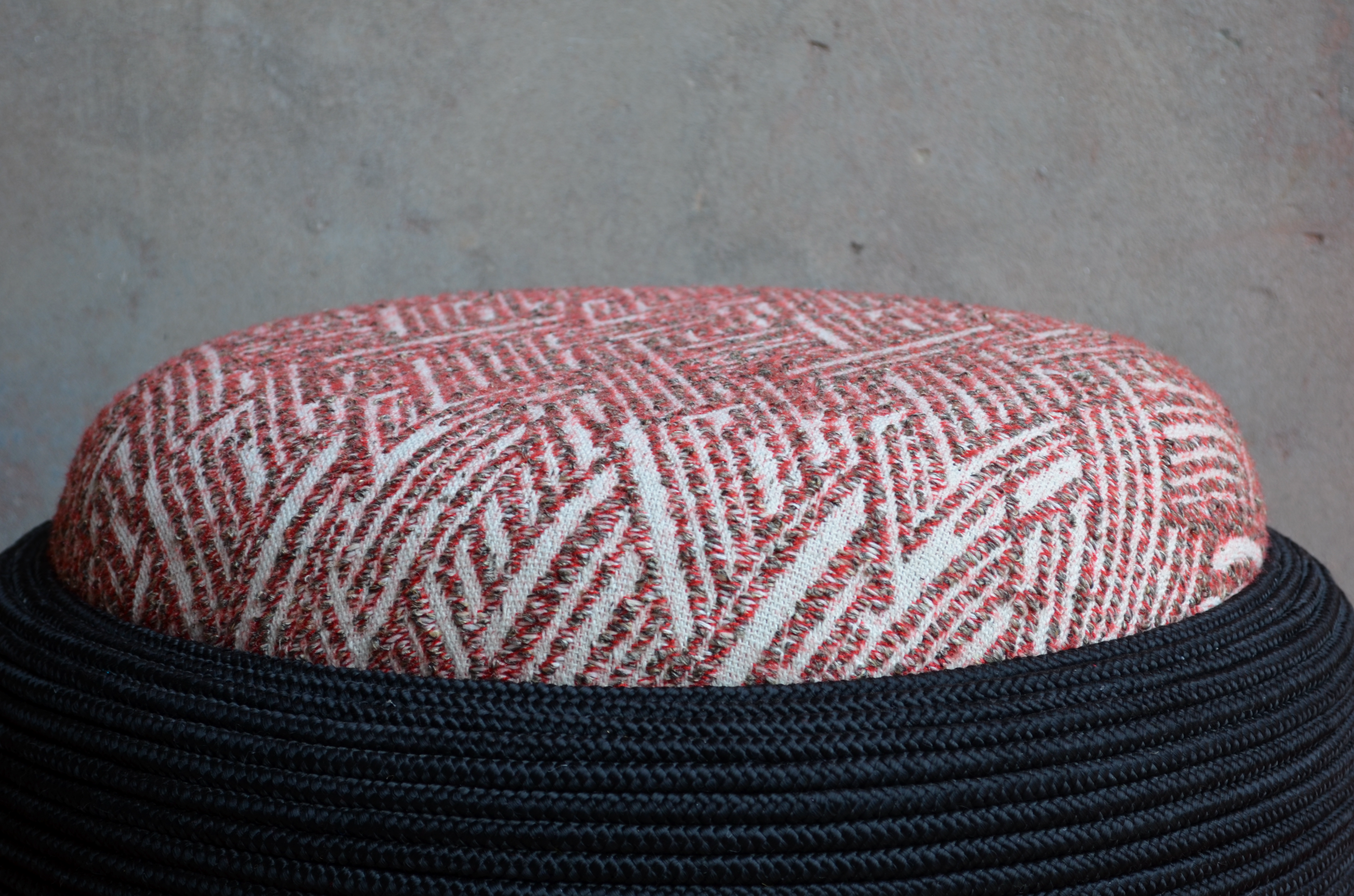 Amour Ottoman - Red / Black / Old tyre, teak wood, rope, and fabric / Dia: 23’’ H: 17.5’’ - Furniture