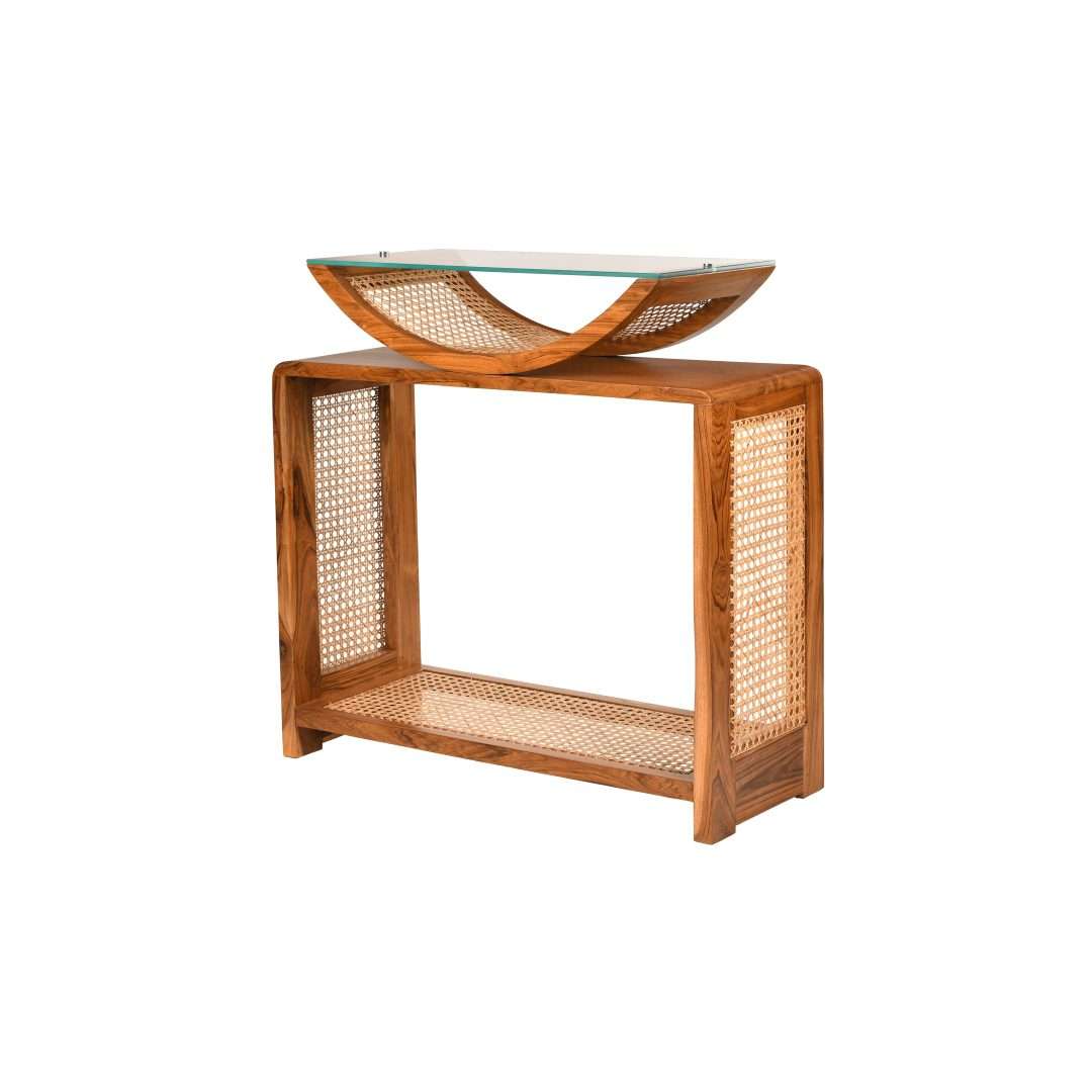 Arch Cane Teak Wood Console Table - Teak / Teakwood, cane and glass / L: 36’’ W: 18’’ H: 36’’ - Furniture