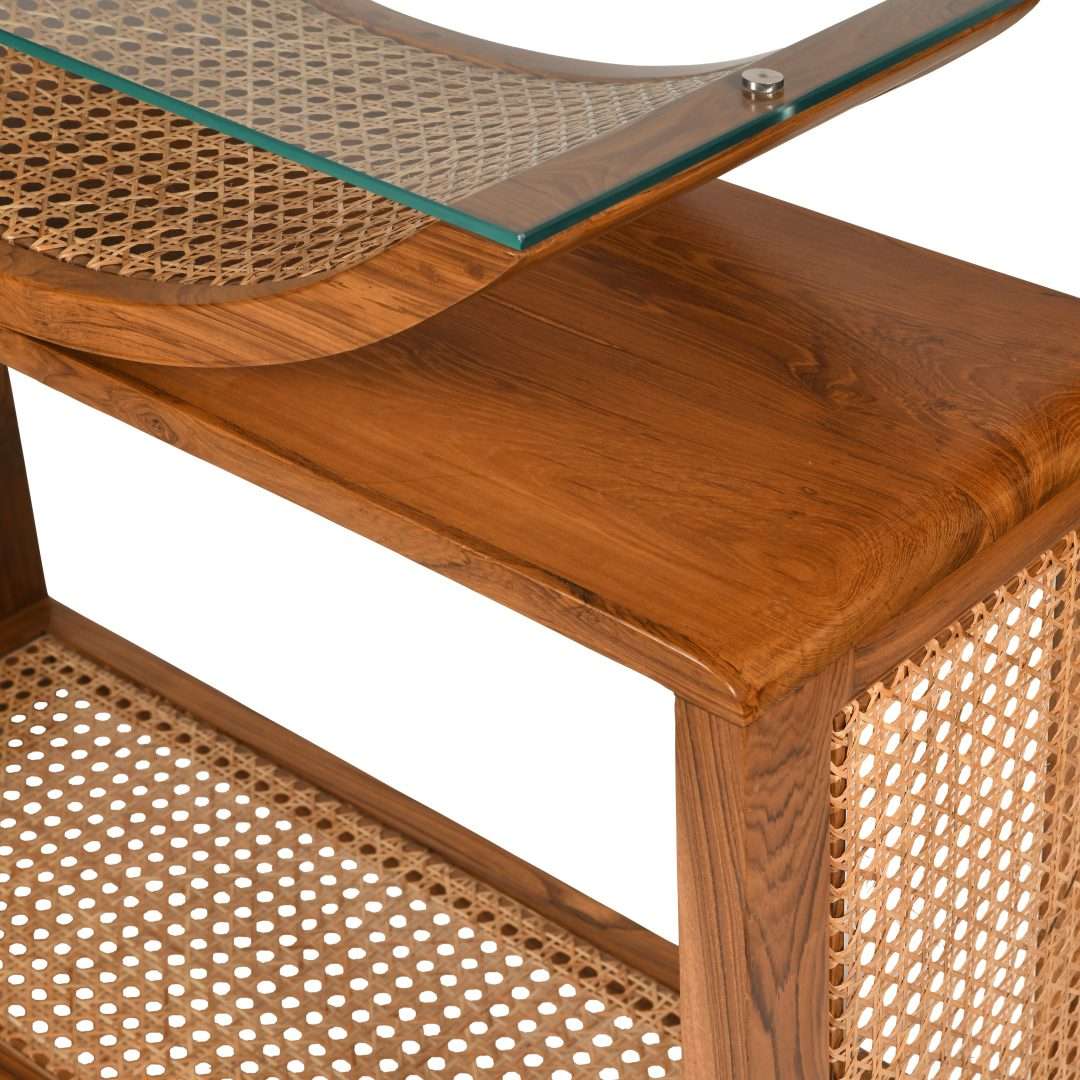 Arch Cane Teak Wood Console Table - Teak / Teakwood, cane and glass / L: 36’’ W: 18’’ H: 36’’ - Furniture