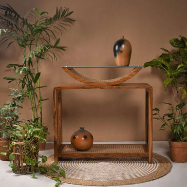 Arch Cane Teak Wood Console Table - Teak / Teakwood, cane and glass / L: 36’’ W: 18’’ H: 36’’ - Furniture