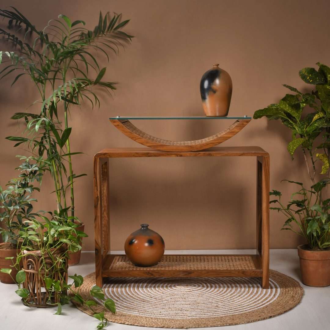Arch Cane Teak Wood Console Table - Teak / Teakwood, cane and glass / L: 36’’ W: 18’’ H: 36’’ - Furniture