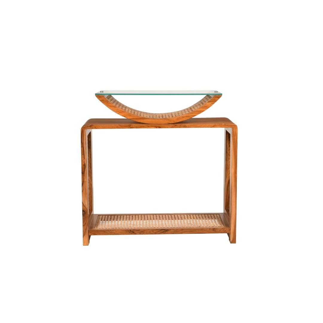 Arch Cane Teak Wood Console Table - Teak / Teakwood, cane and glass / L: 36’’ W: 18’’ H: 36’’ - Furniture