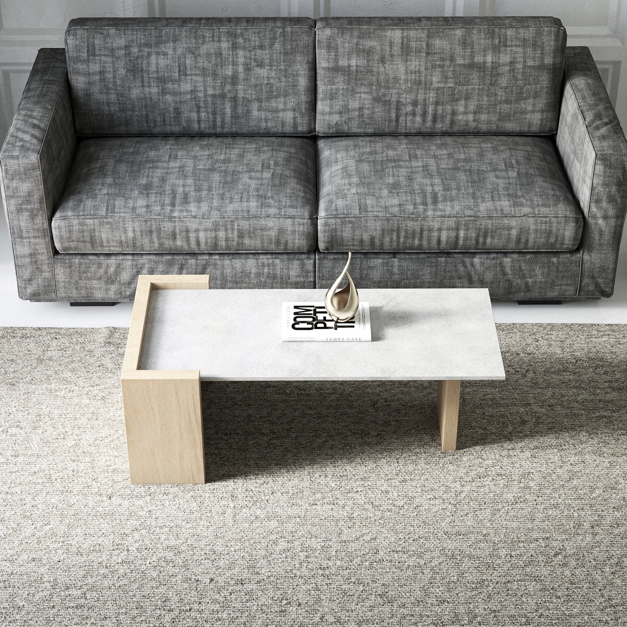 Ashcroft Coffee Table - L:42’’ x B:21’’ x H:15’’ In Inches / Cement Grey Pigmented GFRC Top; Natural White Ash Legs