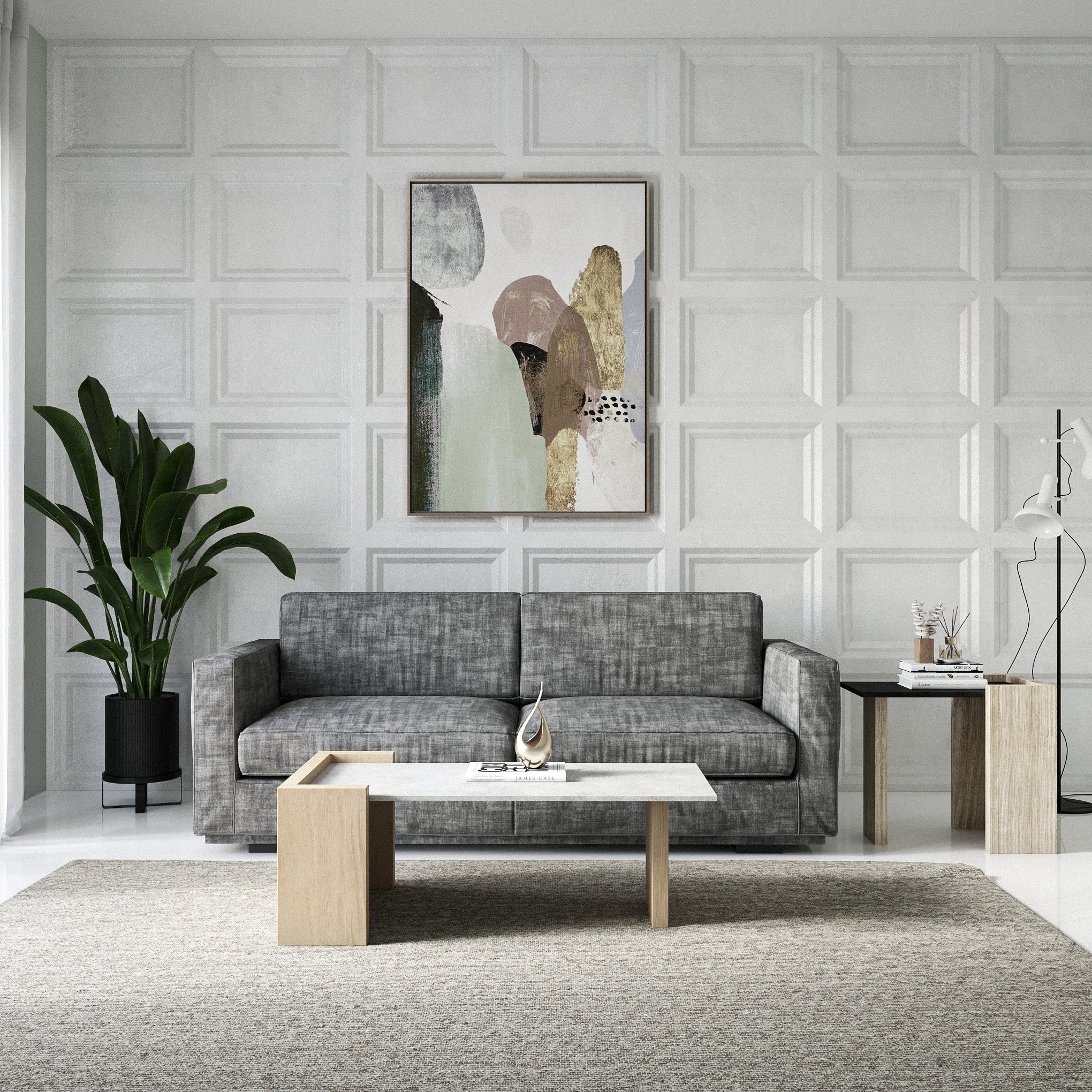 Ashcroft Coffee Table - L:42’’ x B:21’’ x H:15’’ In Inches / Cement Grey Pigmented GFRC Top; Natural White Ash Legs