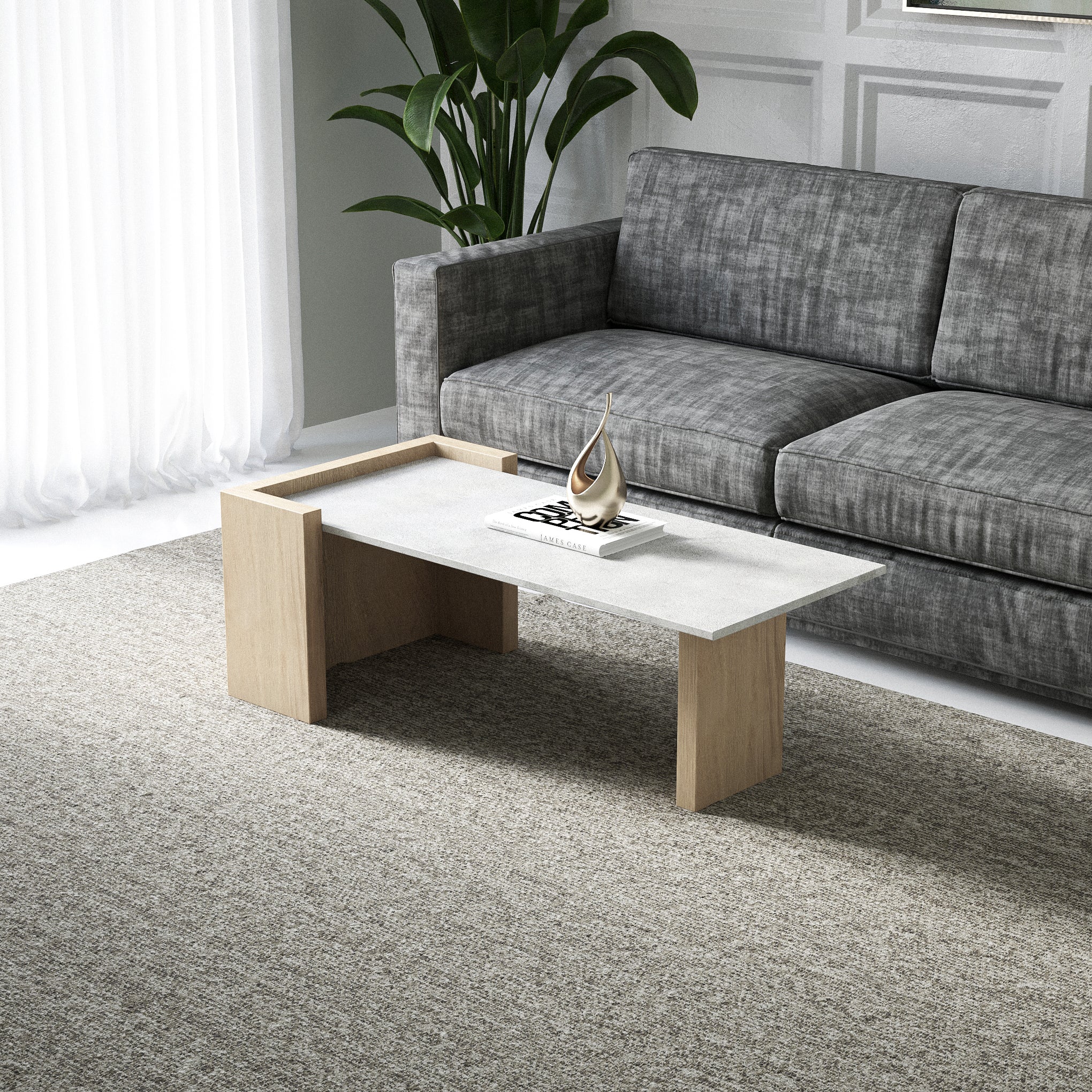 Ashcroft Coffee Table - L:42’’ x B:21’’ x H:15’’ In Inches / Cement Grey Pigmented GFRC Top; Natural White Ash Legs