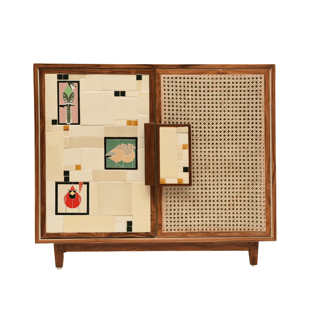 Aviary Cane Double Door Cabinet - Cream / Handle and Legs: Teak wood; Cabinet Frame: Plywood; Handle: Handmade ceramic