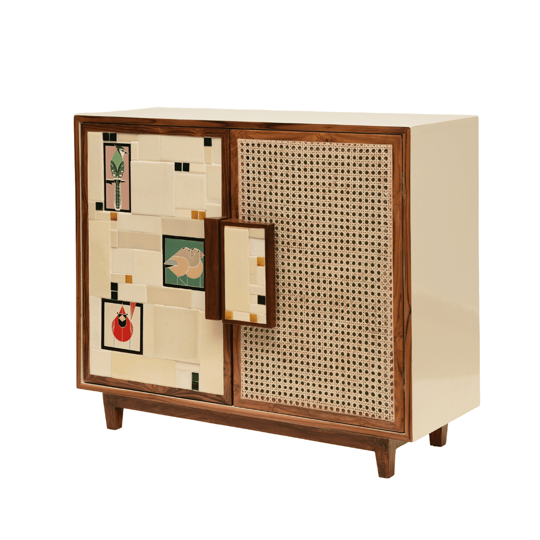 Aviary Cane Double Door Cabinet - Cream / Handle and Legs: Teak wood; Cabinet Frame: Plywood; Handle: Handmade ceramic