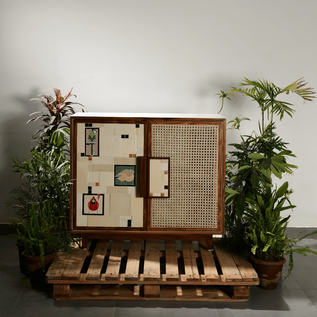 Aviary Cane Double Door Cabinet - Cream / Handle and Legs: Teak wood; Cabinet Frame: Plywood; Handle: Handmade ceramic