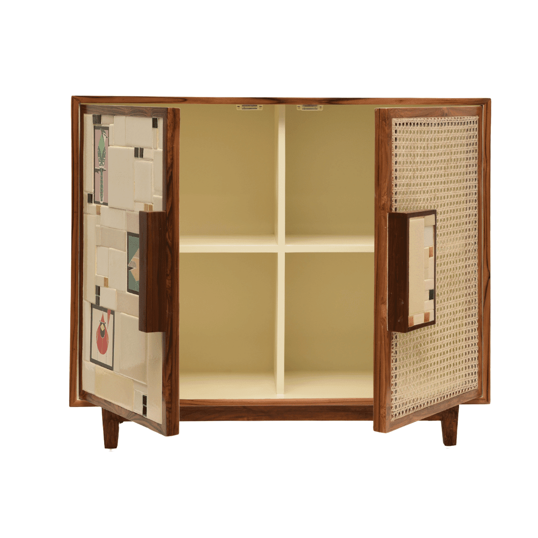 Aviary Cane Double Door Cabinet - Cream / Handle and Legs: Teak wood; Cabinet Frame: Plywood; Handle: Handmade ceramic