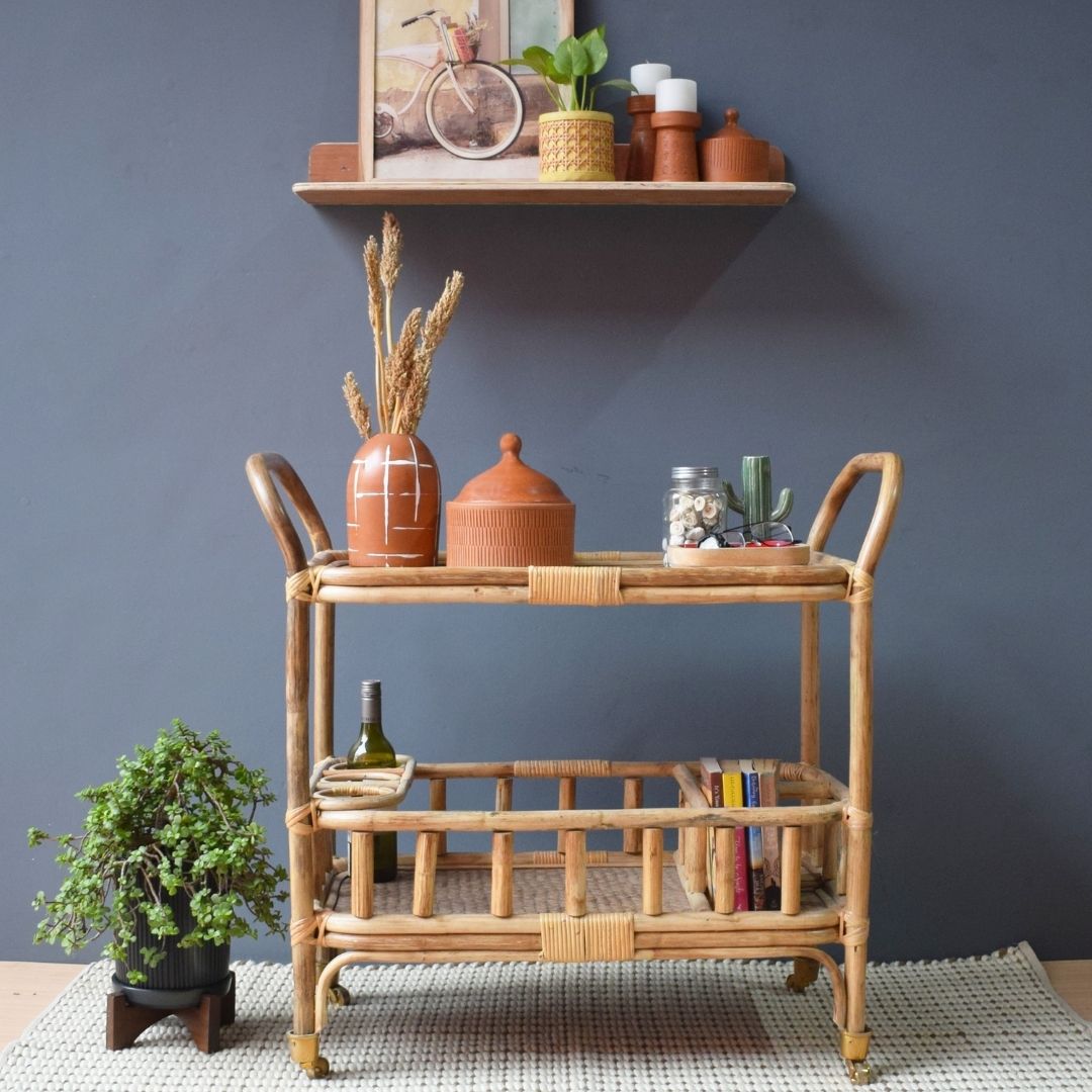Bali Bamboo Bar Trolley - Natural / Bamboo and metal wheels / L: 35’’ W: 18’’ H: 33.5’’ - Furniture