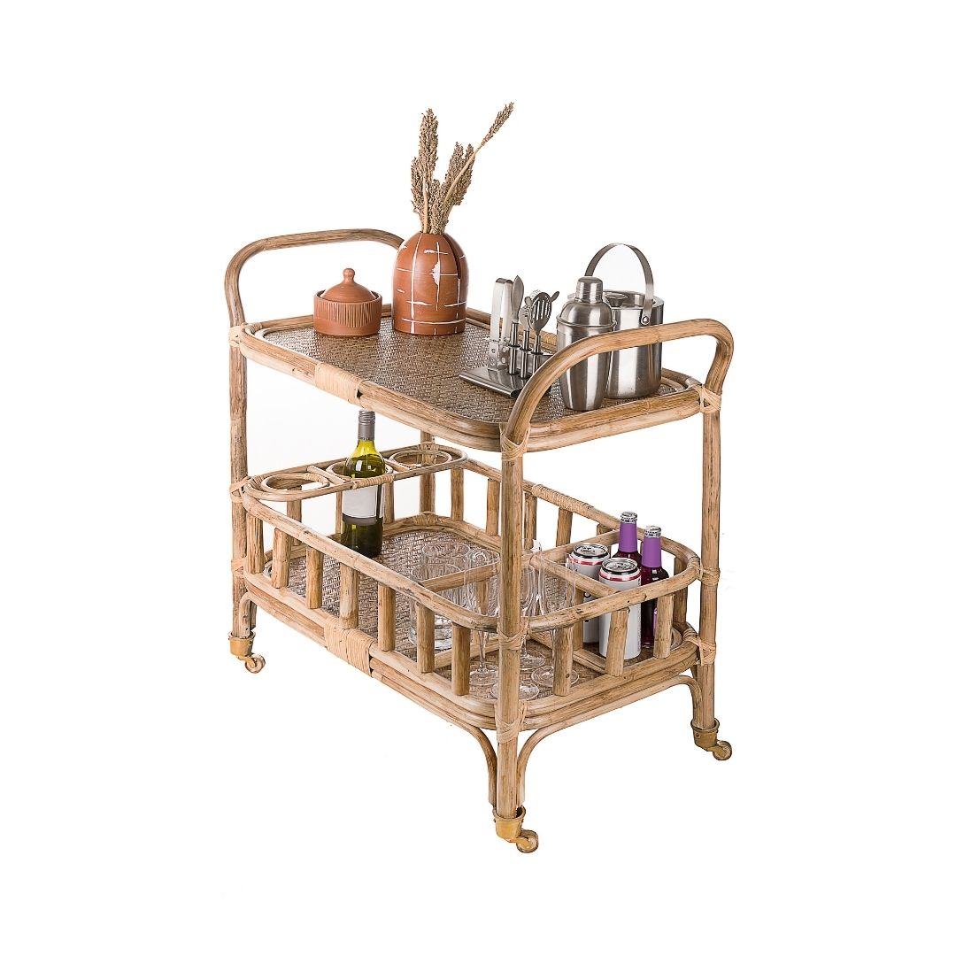 Bali Bamboo Bar Trolley - Natural / Bamboo and metal wheels / L: 35’’ W: 18’’ H: 33.5’’ - Furniture