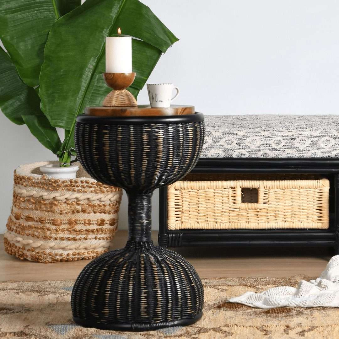 Bamboo Drum Accent Table - Black / Teakwood, bamboo / D: 14.75’’ H: 24’’ - Furniture