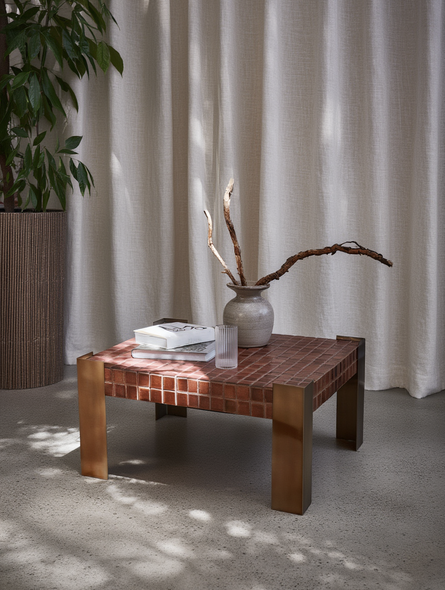 Blockette Coffee Table - 36’’ x 36’’ x H 19’’ / Tile, Wood, Steel Legs - Coffee Table