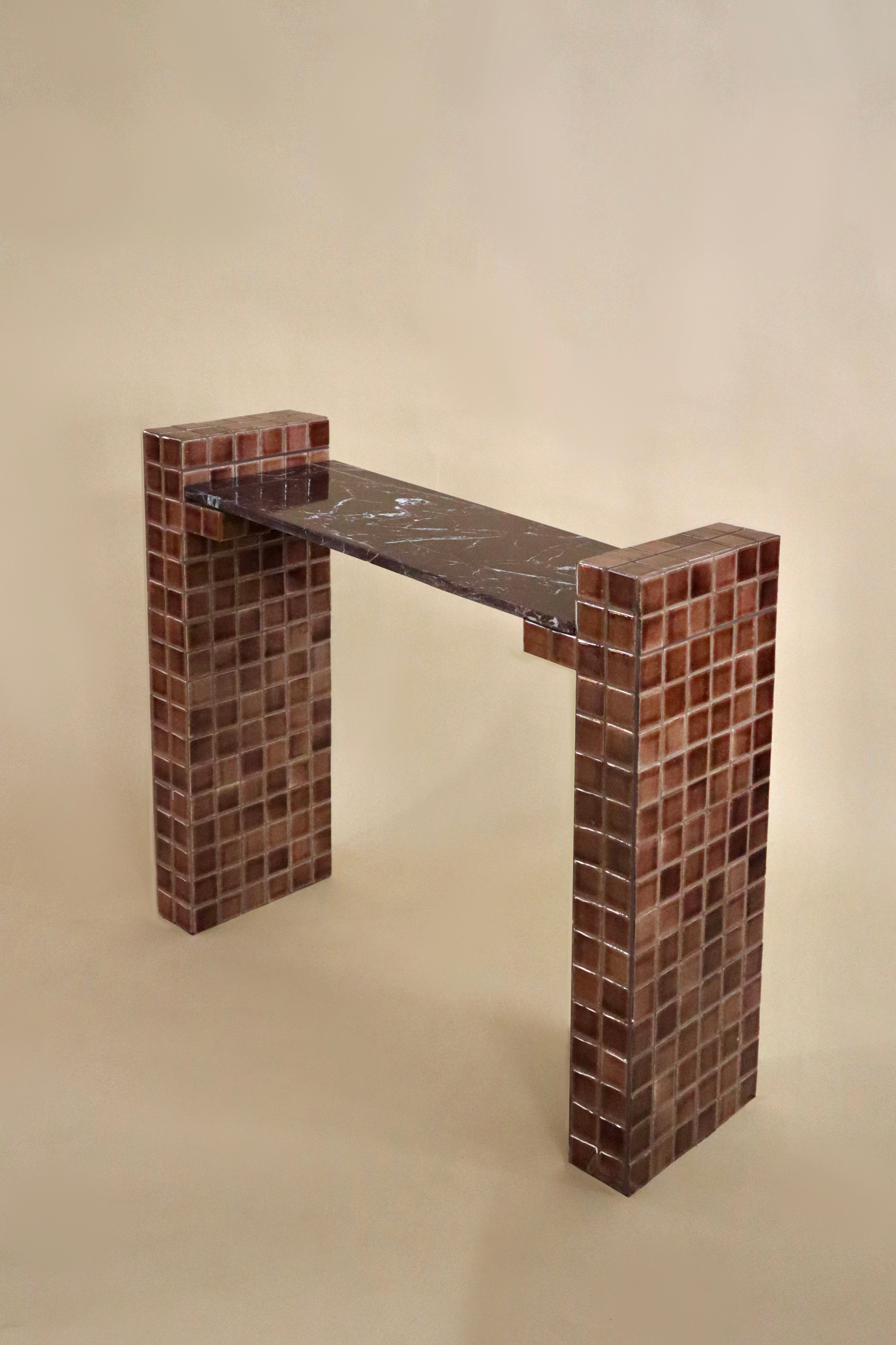 Blockette Console Table - D 12’’ x L 44’’ x H 36’’ / Cherry Red Marble, Tile, Wood - Console Table