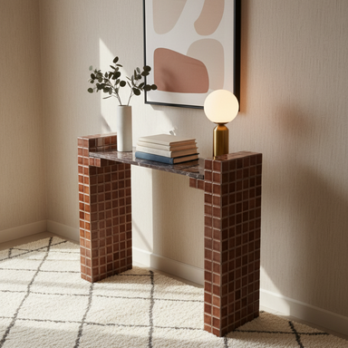 Blockette Console Table - D 12’’ x L 44’’ x H 36’’ / Cherry Red Marble, Tile, Wood - Console Table