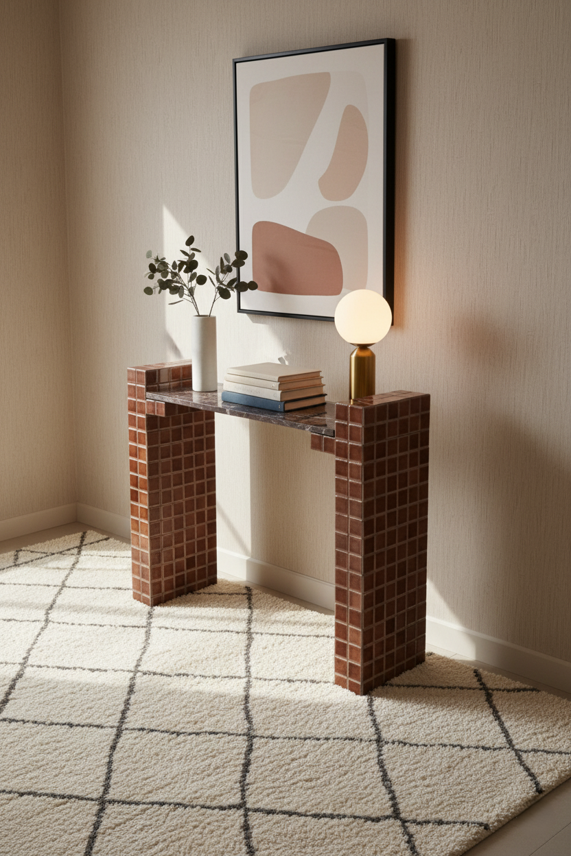 Blockette Console Table - D 12’’ x L 44’’ x H 36’’ / Cherry Red Marble, Tile, Wood - Console Table
