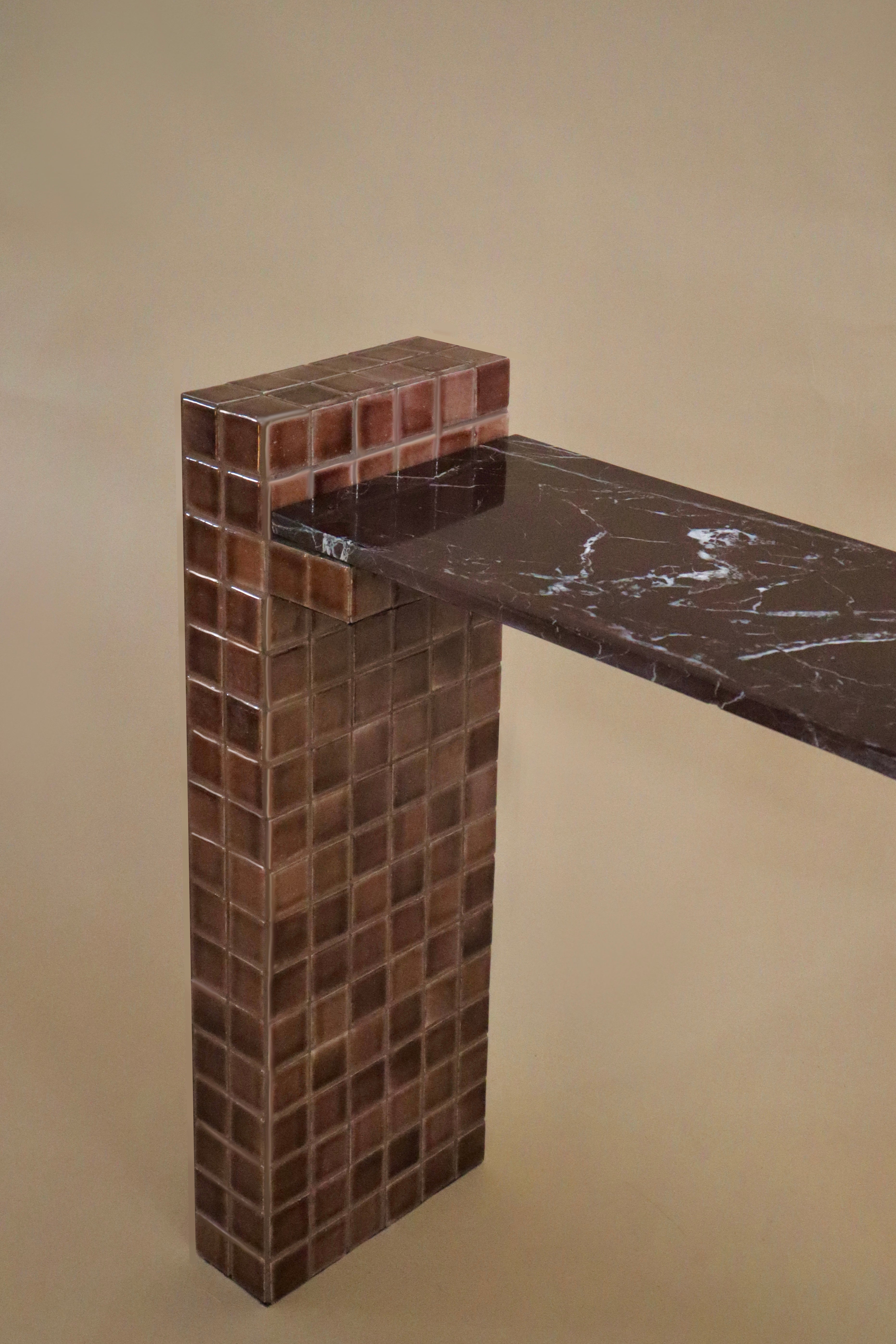 Blockette Console Table - D 12’’ x L 44’’ x H 36’’ / Cherry Red Marble, Tile, Wood - Console Table