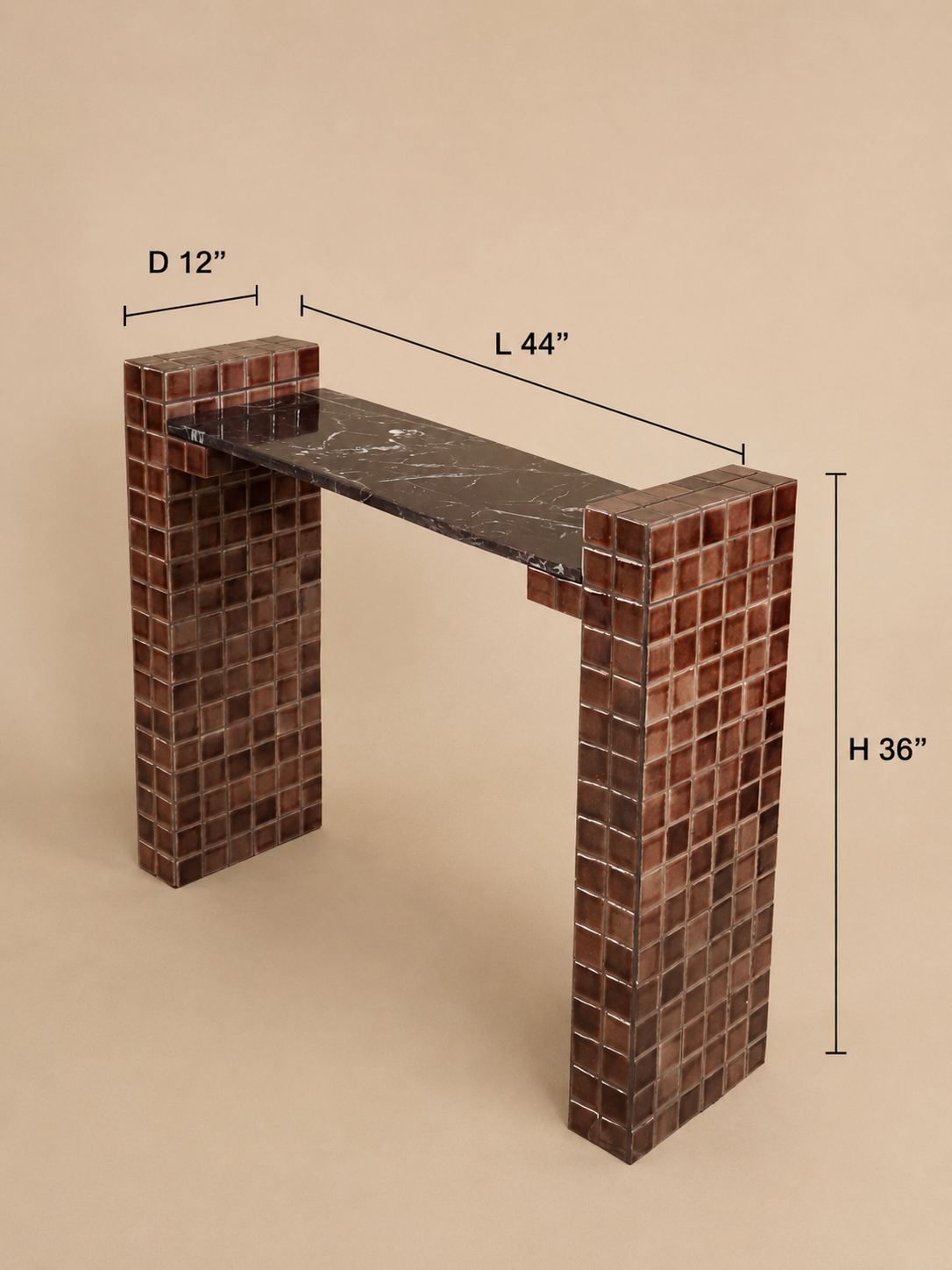Blockette Console Table - D 12’’ x L 44’’ x H 36’’ / Cherry Red Marble, Tile, Wood - Furniture