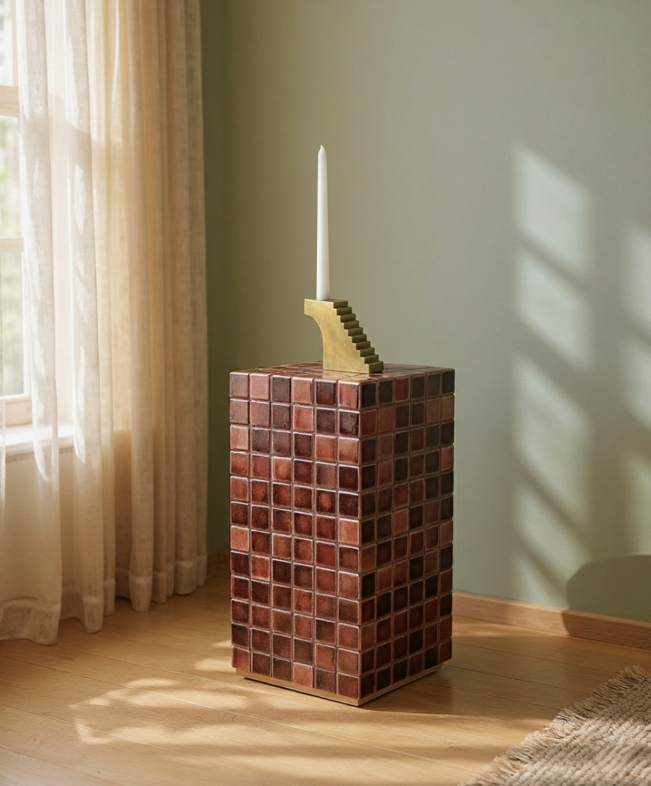 Blockette Side Table - 12’’ x 12’’ x H 24” / Tile, Wood, Steel Skirting - Side Table