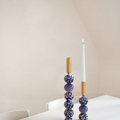 Candle Holder - Cobalt Blue, Brass Gold / Ceramic, Brass / H -393mm & 254mm, Dia- 50mm - Decor