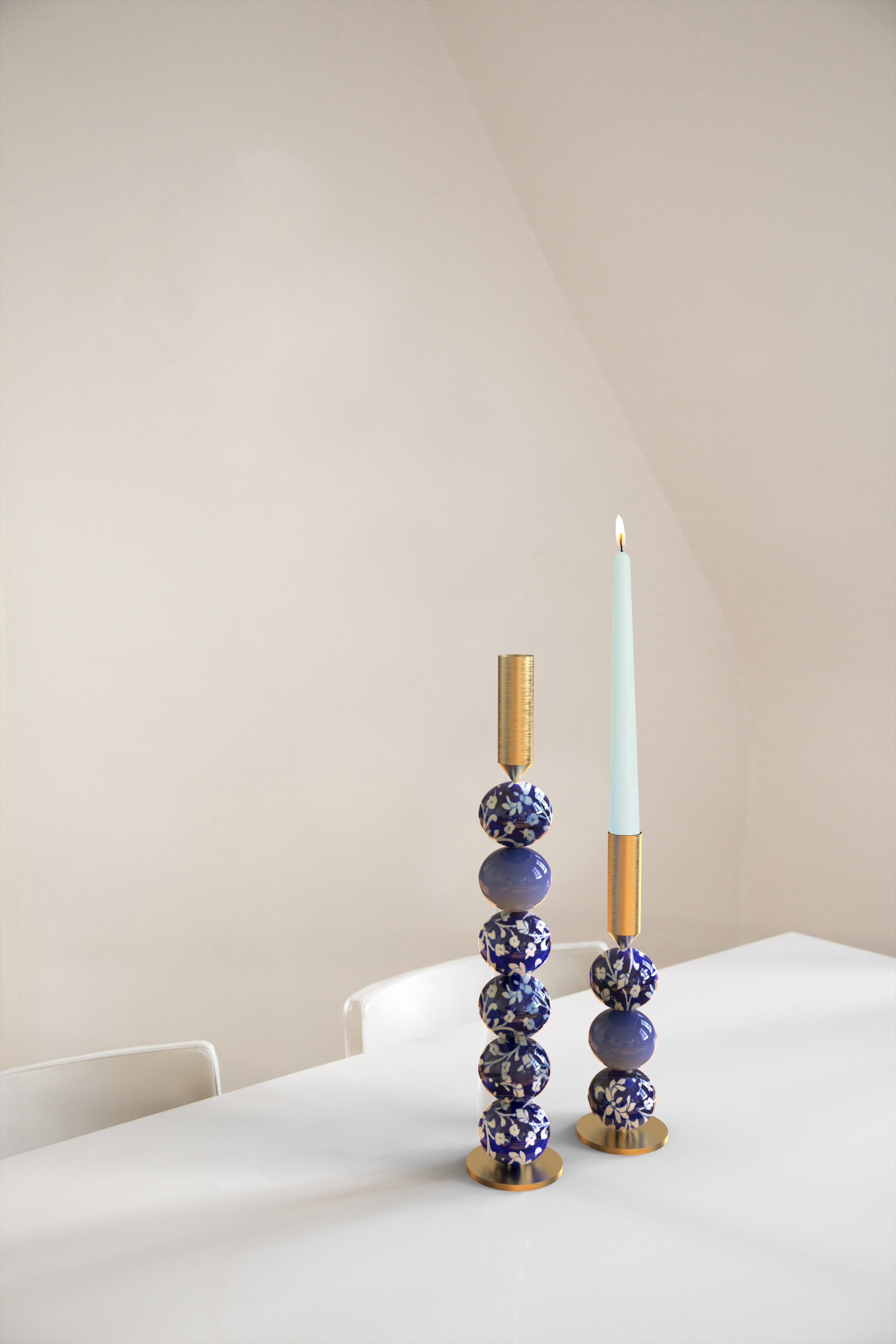 Candle Holder - Cobalt Blue, Brass Gold / Ceramic, Brass / H -393mm & 254mm, Dia- 50mm - Decor