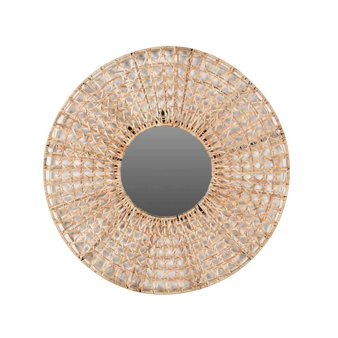 Cane Round Wall Mirror - Neutral / Cane, metal and mirror / D: 24.5’’ - Decor