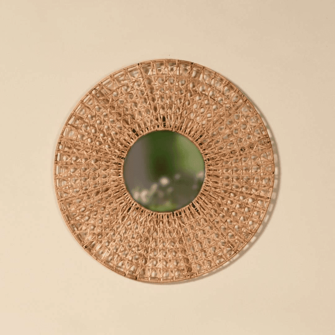 Cane Round Wall Mirror - Neutral / Cane, metal and mirror / D: 24.5’’ - Decor
