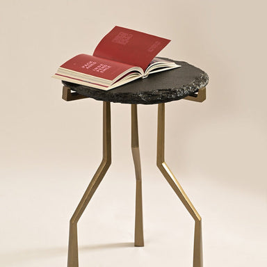 Charred Drink Table - Antique Brass / Stone & Aluminium / 40L X 40W X 58H In Cms - Furniture