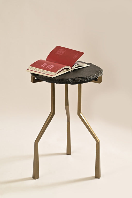Charred Drink Table - Antique Brass / Stone & Aluminium / 40L X 40W X 58H In Cms - Furniture