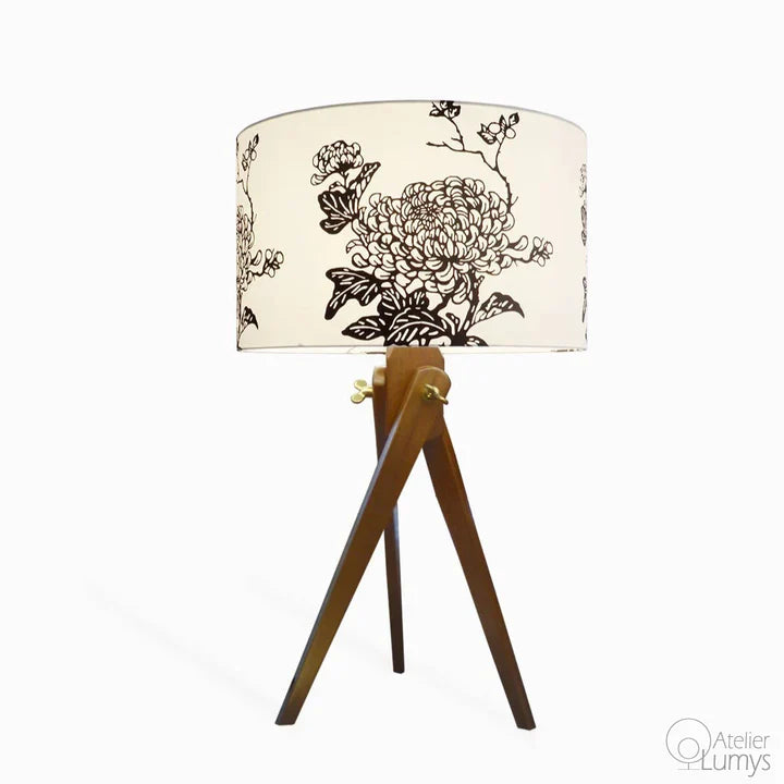 Cherry Table Lamp - Dia: 15’’ H: 25’’ / Brown and White / Wood and Poplin - Lighting