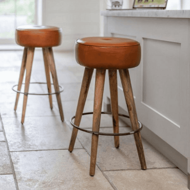 Cheryl Leather Bar Stool - Brown / Leather and Wood / L:48 x D:48 x H:70 in cm - Indoor Furniture