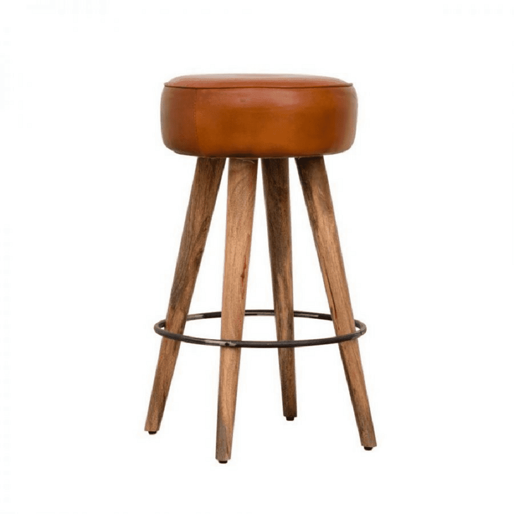 Cheryl Leather Bar Stool - Brown / Leather and Wood / L:48 x D:48 x H:70 in cm - Indoor Furniture