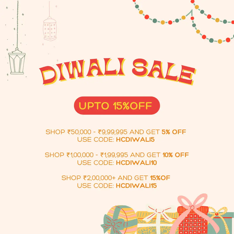 Diwali sale promotional graphic featuring festive lanterns, colorful string lights, and gift boxes with discount offers.