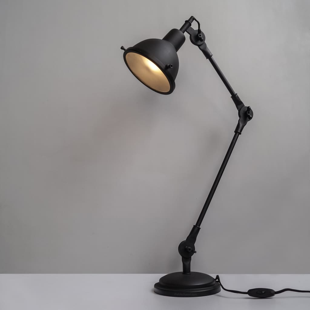 Coal Black Swing-Arm Industrial Desk Lamp With Frosted Glass Cover
