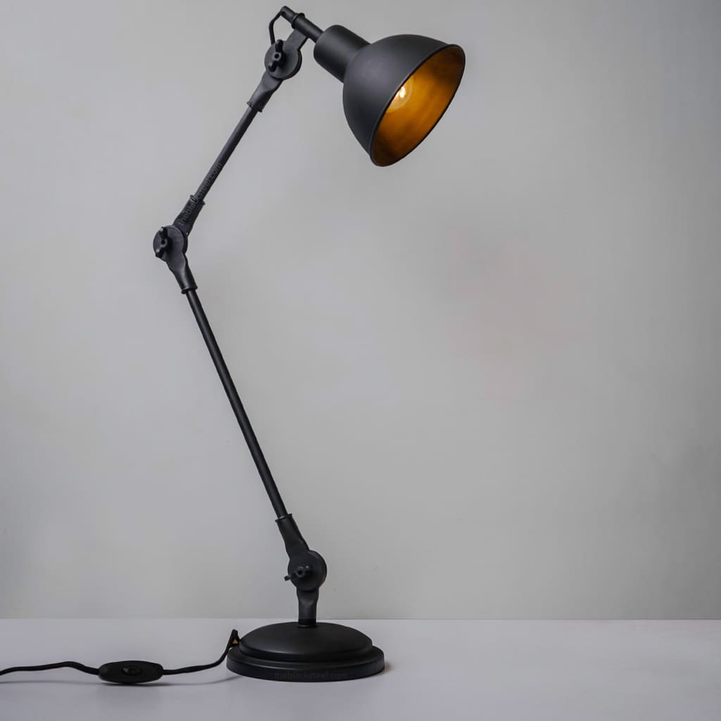 Coal Black Swing-Arm Industrial Desk Lamp With Frosted Glass Cover