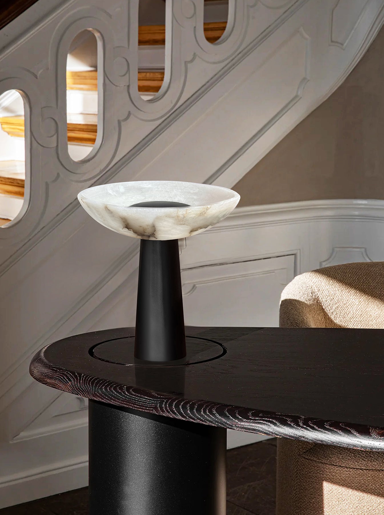 Crescent Table Lamp - Small (Top Dia: 265, Bottom Dia: 90mm, H: 280mm) / Alabaster, Stainless Steel - Lighting