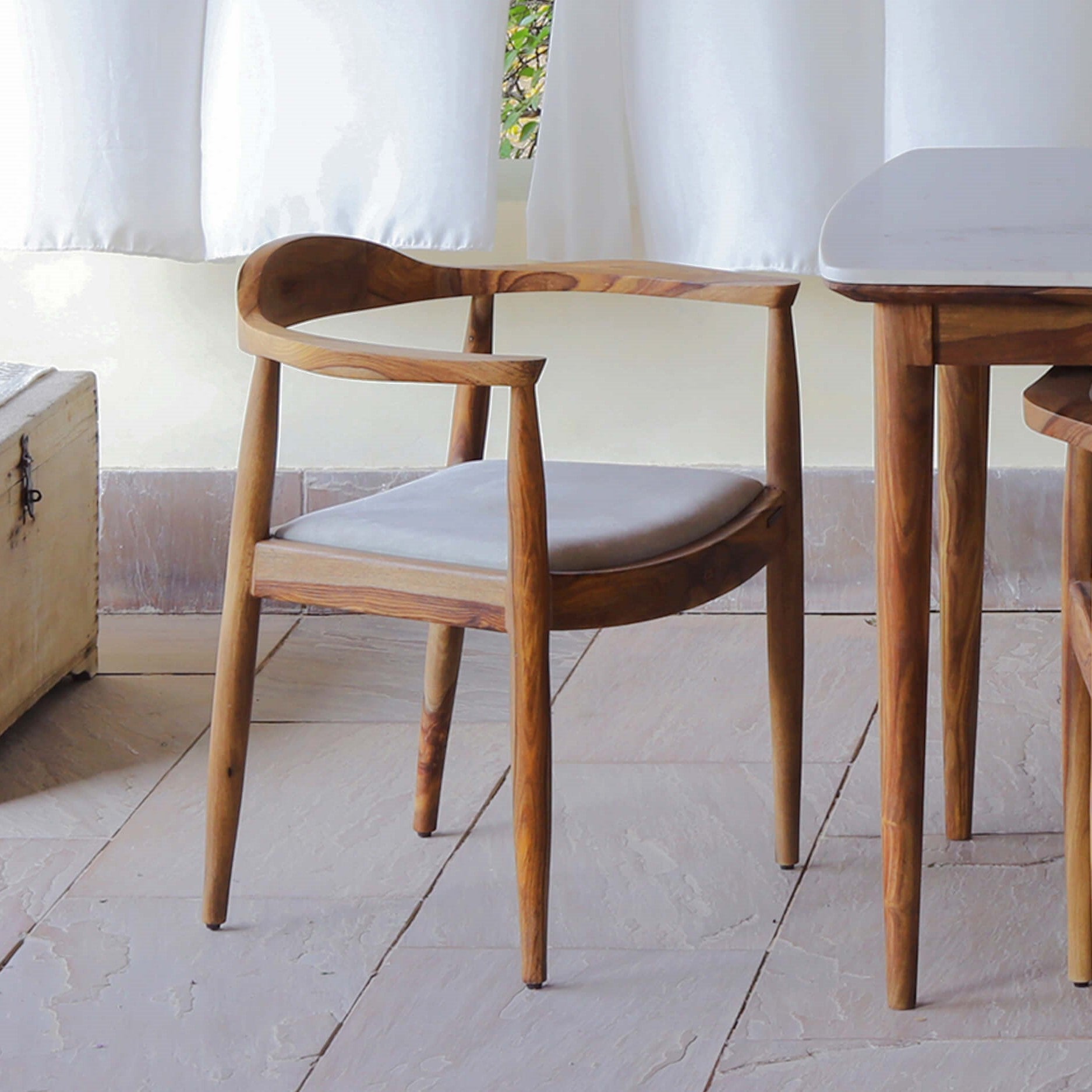 Dado Dining Chair - Natural finish on wood and Beige upholstered / 62 L x 55 W x 73 H cm / Sheesham wood and Upholstery