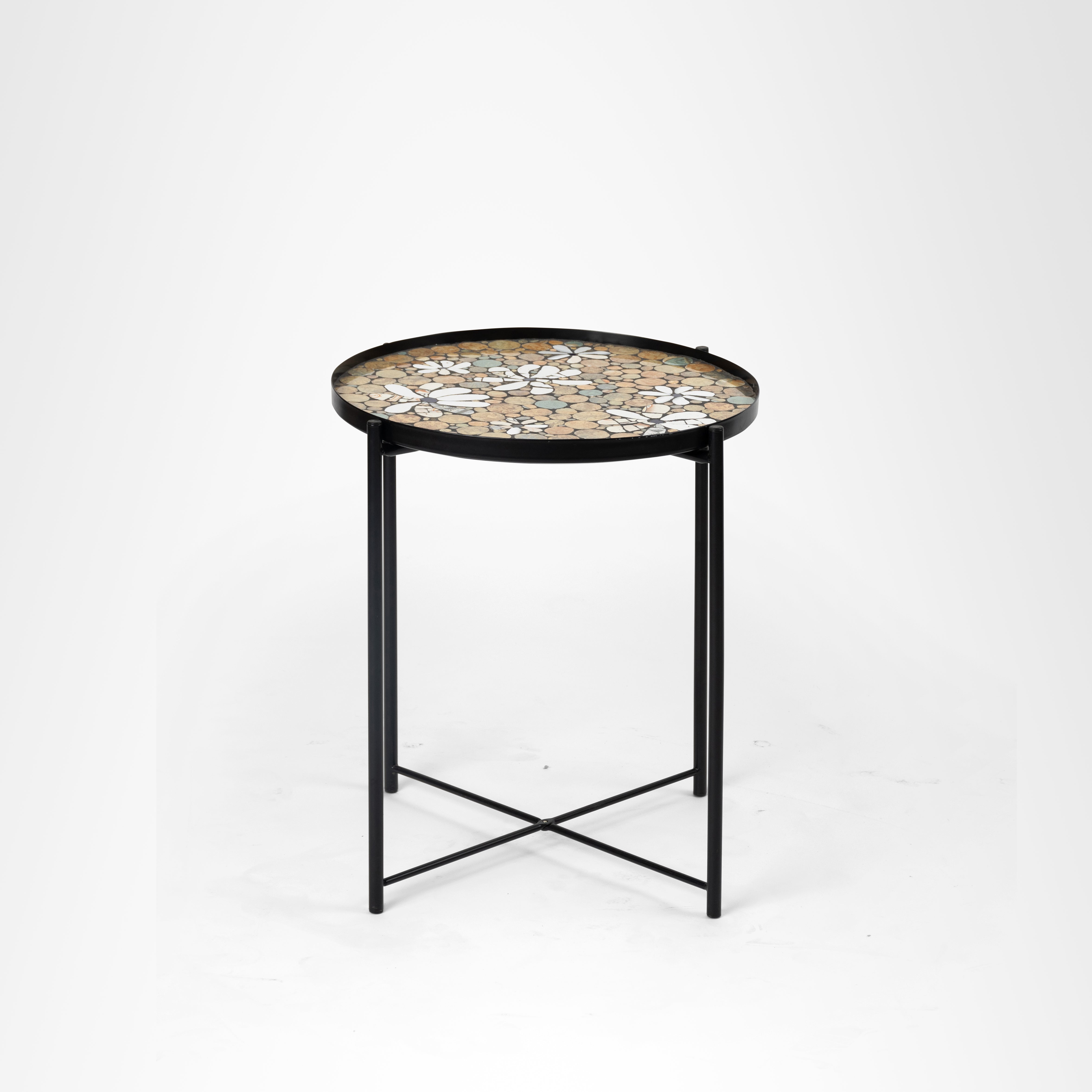Daisy Mosaic Coffee Table - Beige / Mild Steel and Ceramic / Dia: 18’’ H: 20’’ - Outdoor Furniture