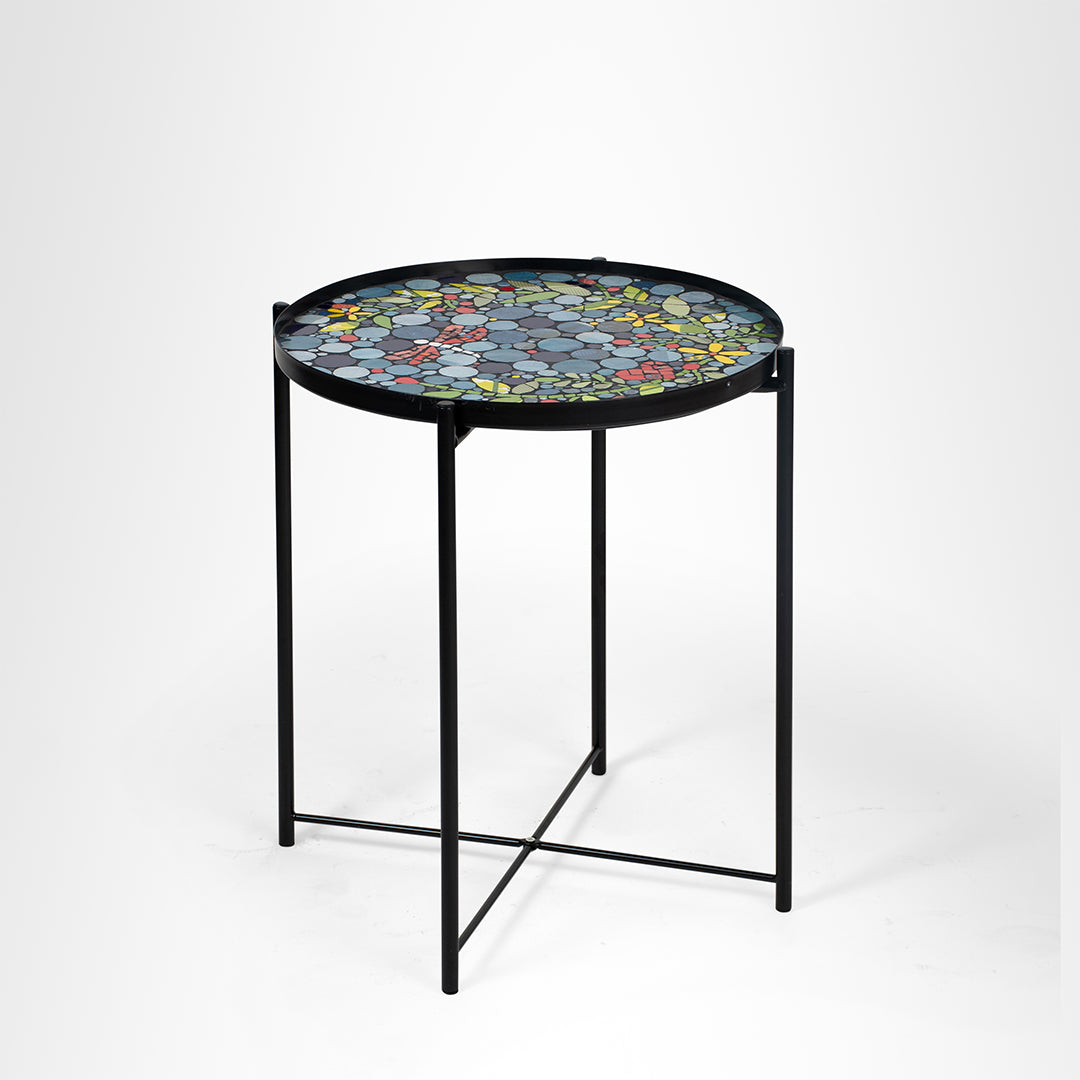 Daisy Mosaic Coffee Table - Blue / Mild Steel and Ceramic / Dia: 18’’ H: 20’’ - Outdoor Furniture