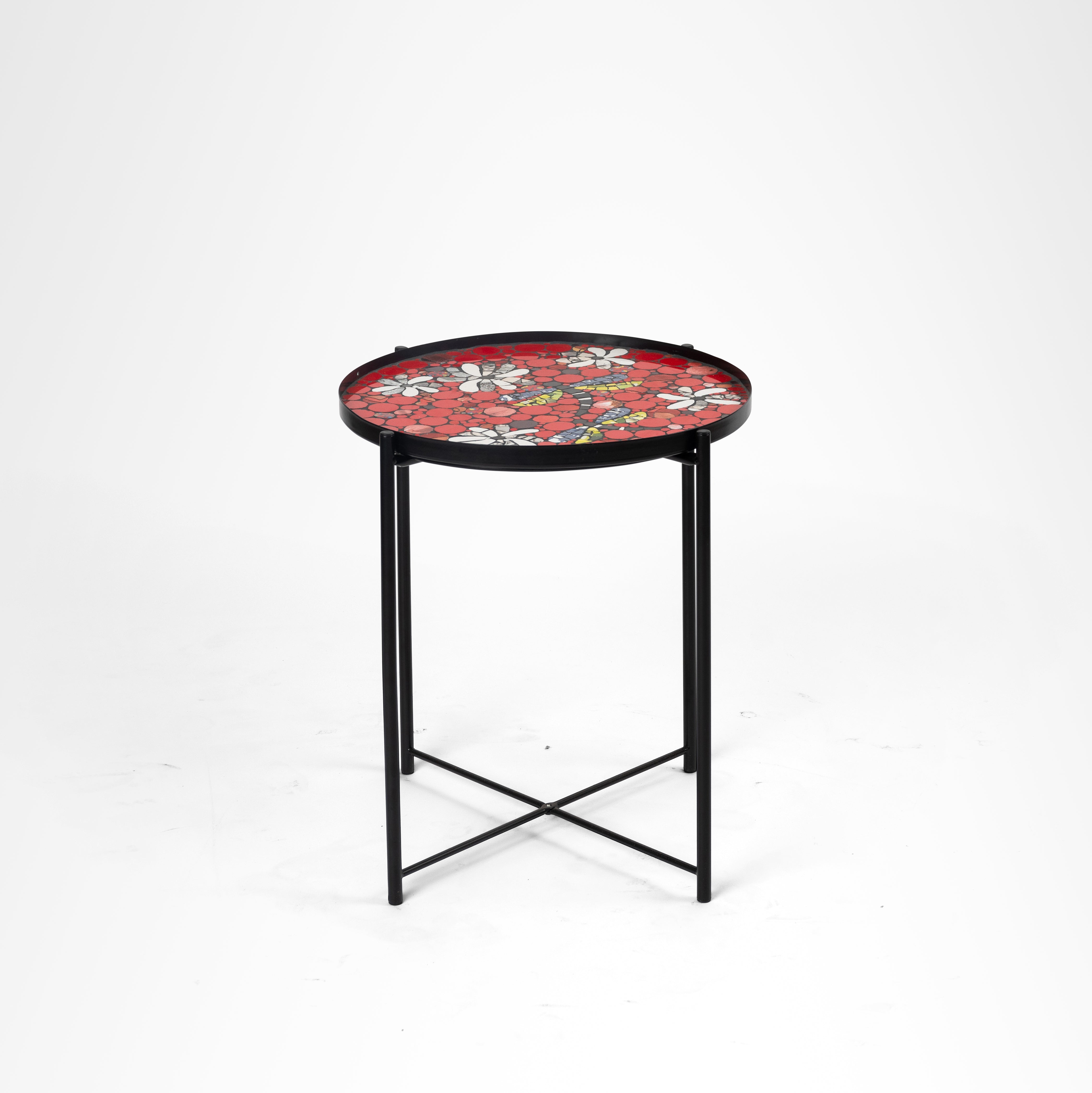 Daisy Mosaic Coffee Table - Red / Mild Steel and Ceramic / Dia: 18’’ H: 20’’ - Outdoor Furniture