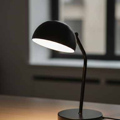 Black table lamp on a wooden surface with a blurred window in the background