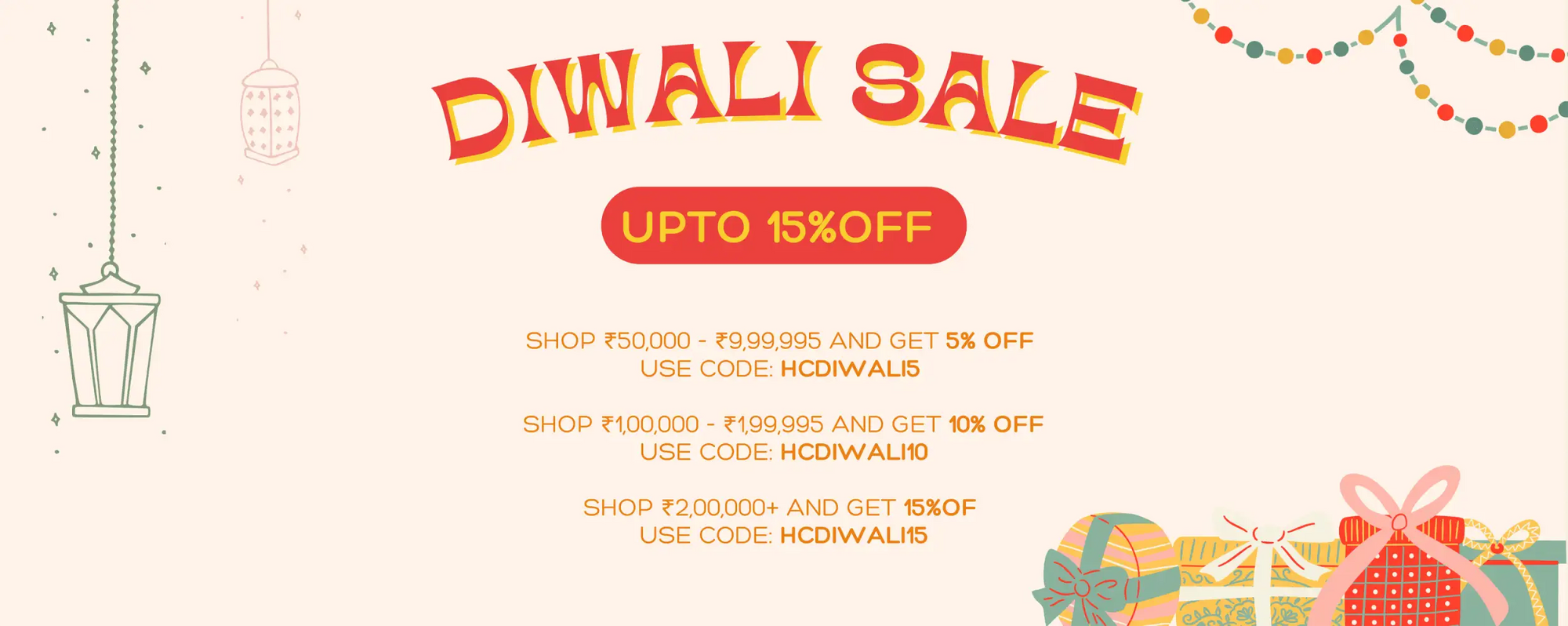 Diwali sale banner with festive decorations and discount offers.