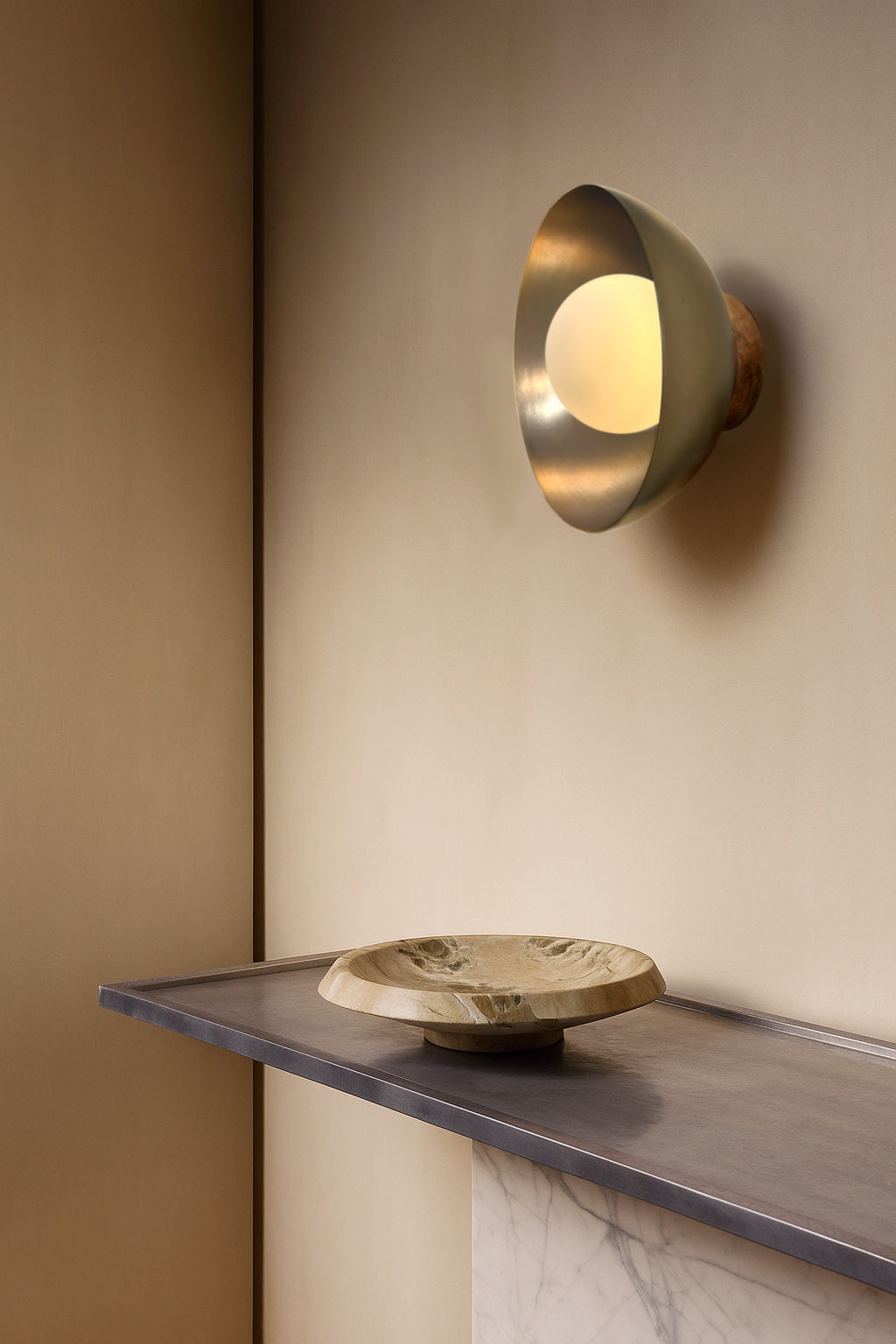 Eclipse Wall Lamp - Dia 12” x D 9” / Mild Steel, Glass Shade, Mango Wood Mount - Lighting