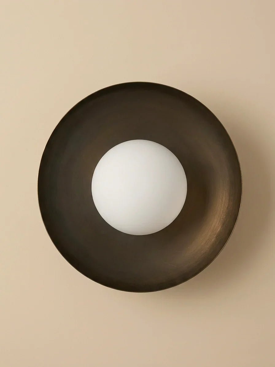 Eclipse Wall Lamp - Dia 12” x D 9” / Mild Steel, Glass Shade, Mango Wood Mount - Lighting