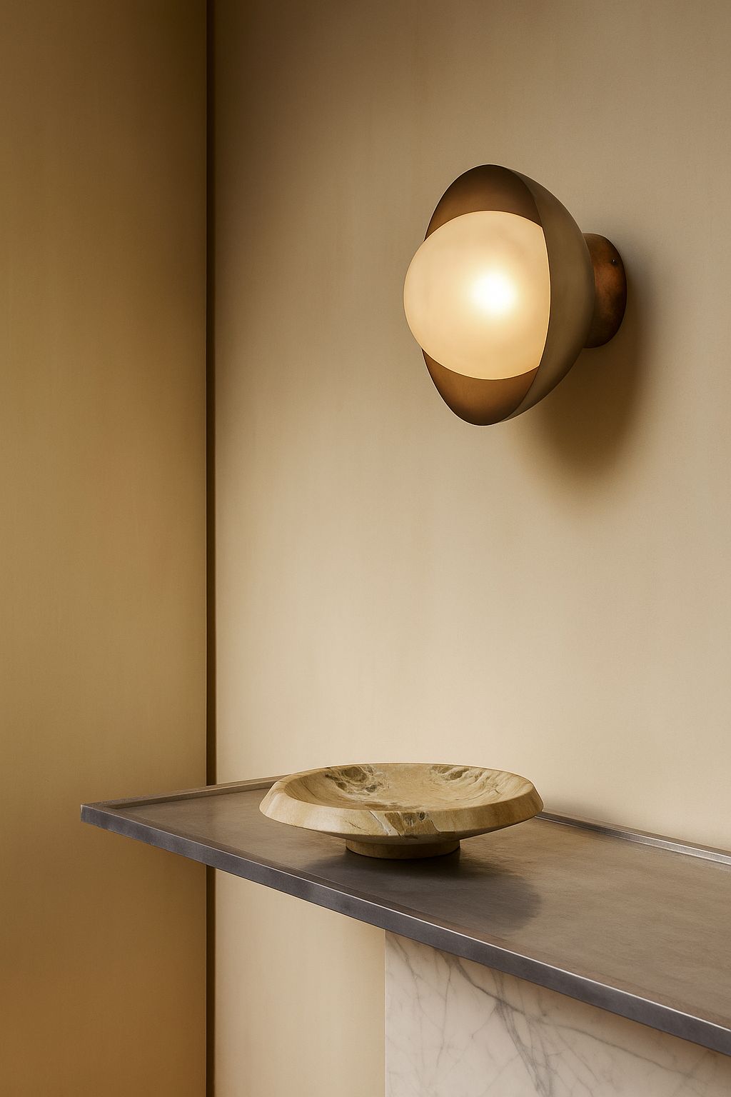 Eclipse Wall Lamp - Dia 12” x D 9” / Mild Steel, Glass Shade, Mango Wood Mount - Wall Lamp